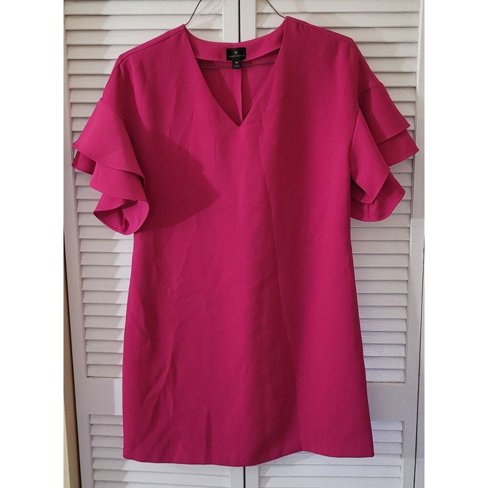Worthington Fuchsia Pink V Neck Shift Dress Tiered Ruffle Flutter Sleeve Size M
